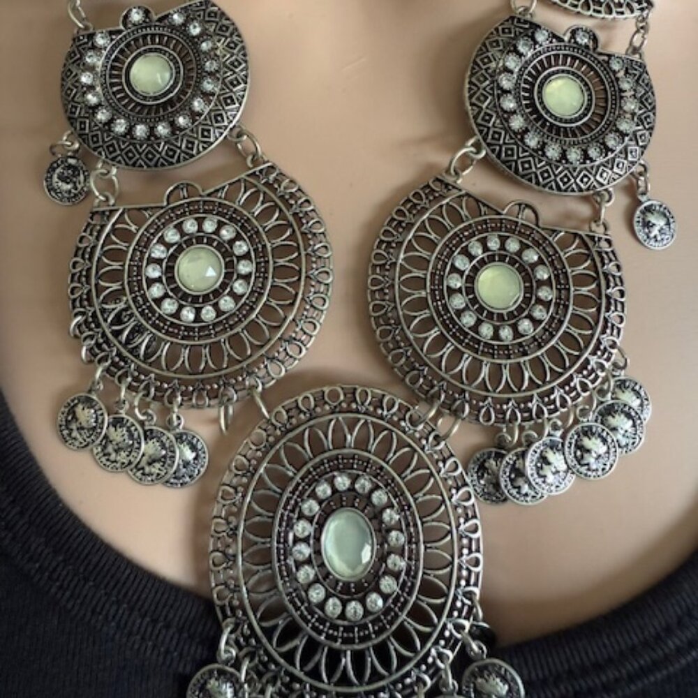 Dramatic Silver Tiered Necklace with Faux Jewels
